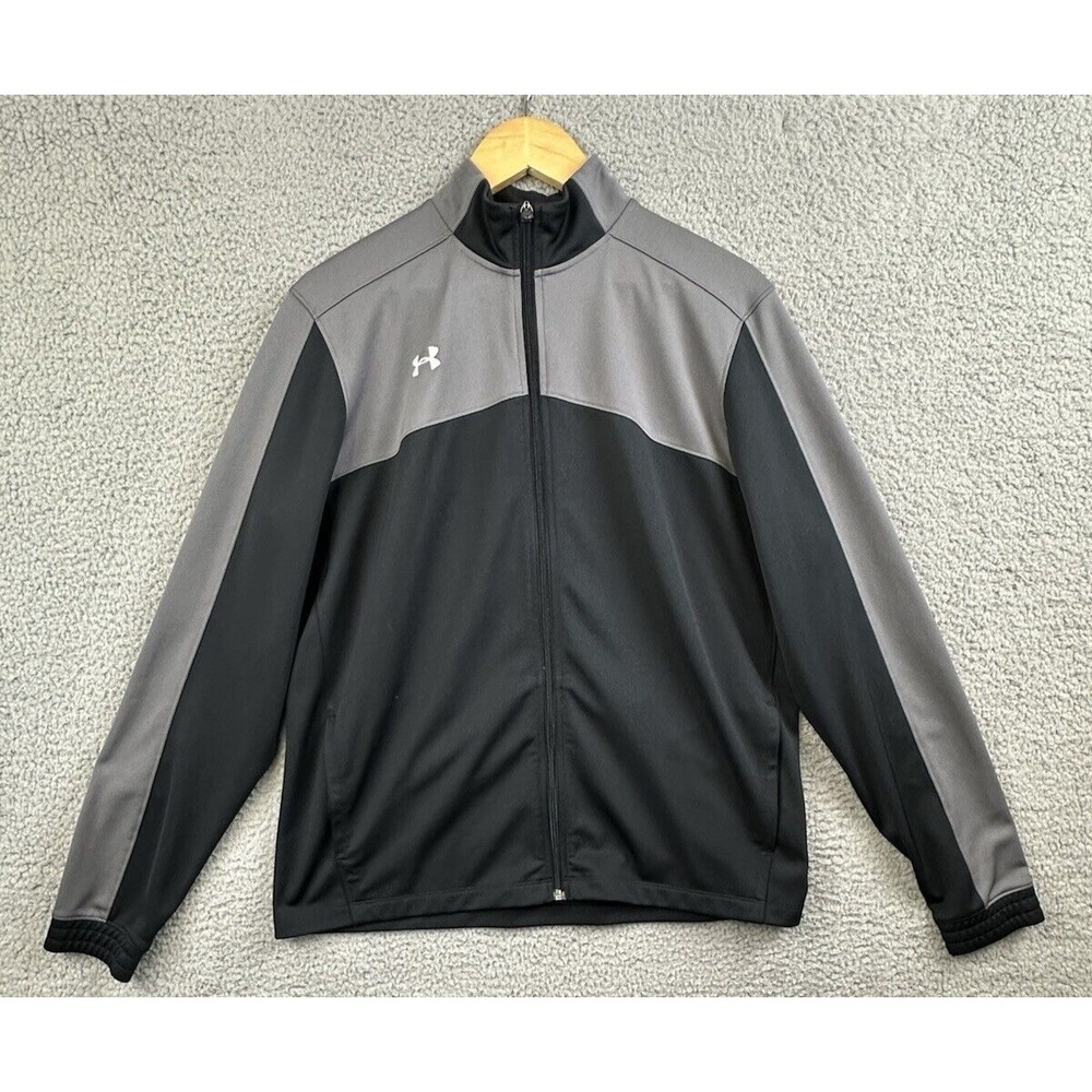 Under Armour Track Jacket Women Large Black Gray Loose Full Zip Training Running